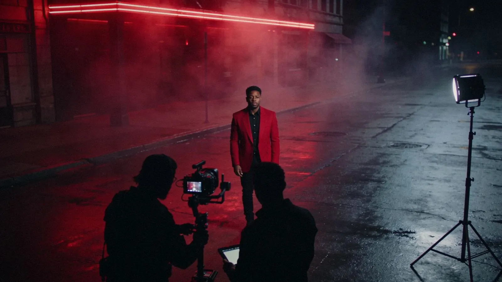 Singer in a red suit performing under red neon light with haze